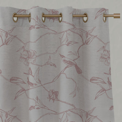 Pink Floral Linen Eyelet Curtains - Gardenia Dusty Pink - Natural base fabric.