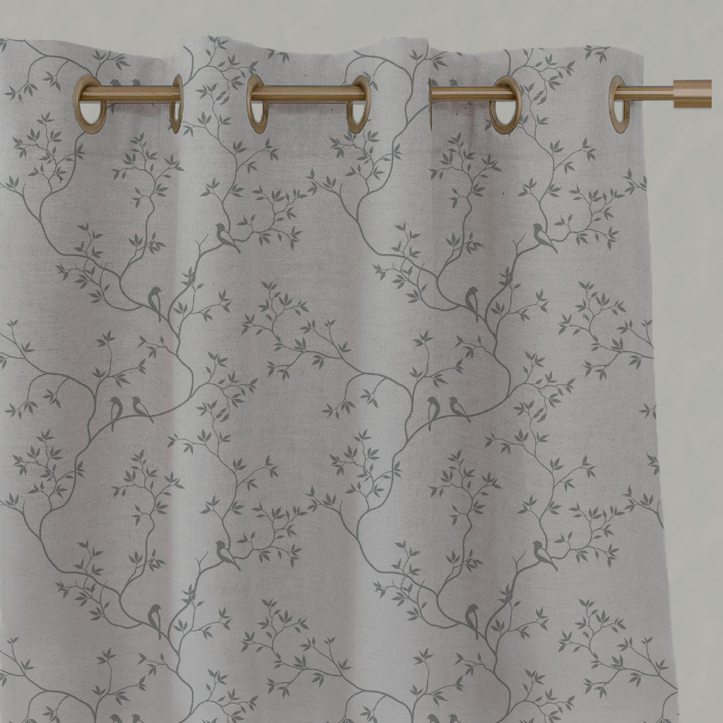 Grey Botanical Linen Eyelet Curtains - Goldfinch Greige - Natural base fabric.