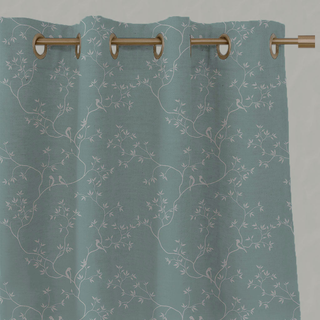 Blue Patterned Linen Eyelet Curtains - Goldfinch INV-Duck egg - Natural base fabric.