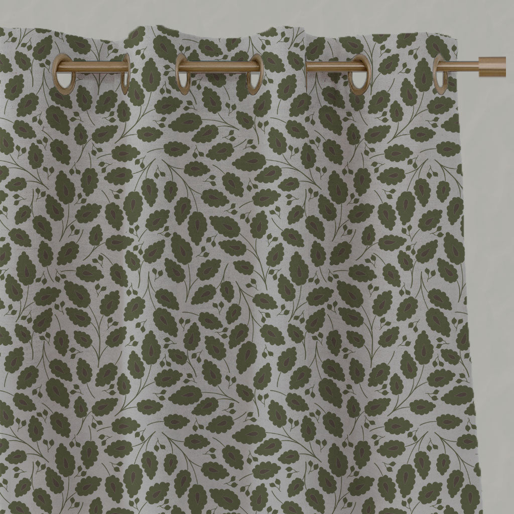 Green Botanical Linen Eyelet Curtains - Goldie Khaki - Natural base fabric.