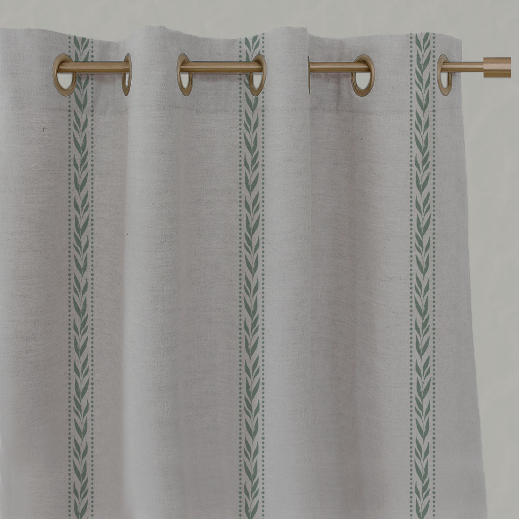 Green Botanical Linen Eyelet Curtains - Helena-NAT Jade Mist  - Natural base fabric.
