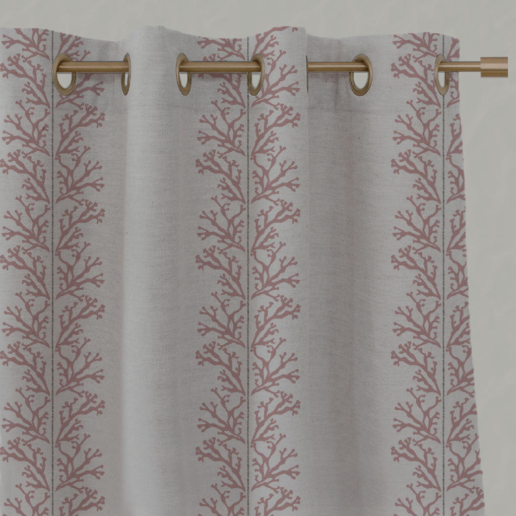 Pink Patterned Linen Eyelet Curtains - Hensley Dusty Pink - Natural base fabric.