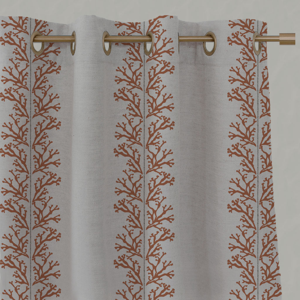 Orange Patterned Linen Eyelet Curtains - Hensley Pumpkin - Natural base fabric.