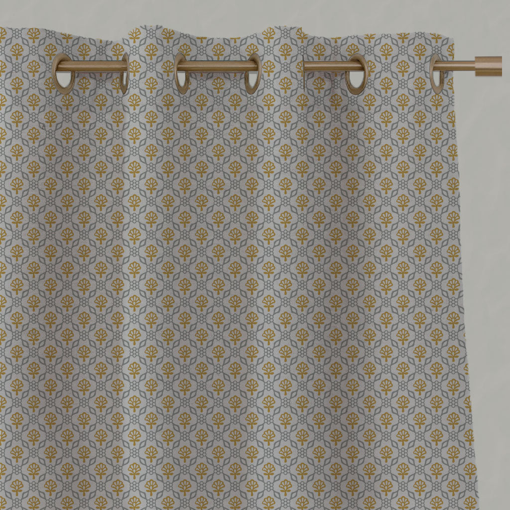 Yellow Floral Linen Eyelet Curtains - Hilla Mustard Greige - Natural base fabric.
