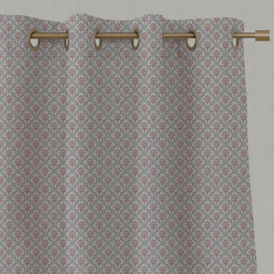 Pink Floral Linen Eyelet Curtains - Hilla Pink Greige - Natural base fabric.