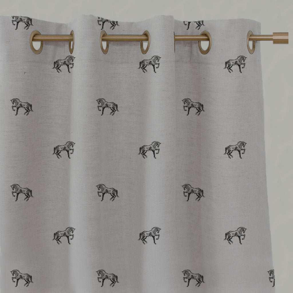 Black Kids Linen Eyelet Curtains - Horse Noir - Natural base fabric.