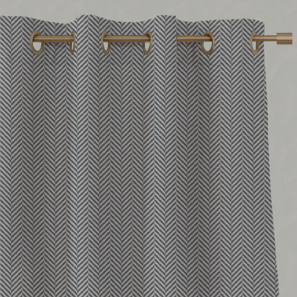 Grey Patterned Linen Eyelet Curtains - Hugo Ash - Natural base fabric.