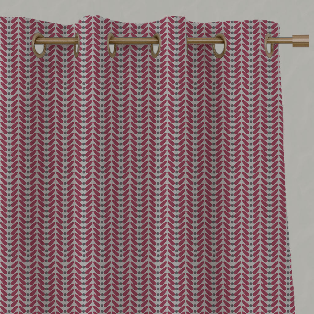 Red Patterned Linen Eyelet Curtains - Hulda Cherry - Natural base fabric.