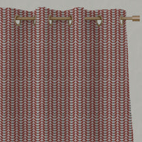 Red Patterned Linen Eyelet Curtains - Hulda Crimson Red - Natural base fabric.