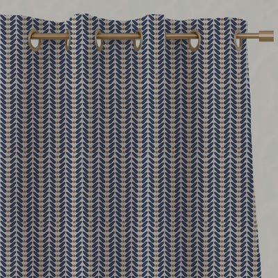 Blue / Orange Patterned Linen Eyelet Curtains - Hulda Deep Blue Ochre - Natural base fabric.