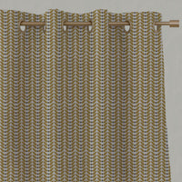 Yellow Patterned Linen Eyelet Curtains - Hulda Gold Rod - Natural base fabric.