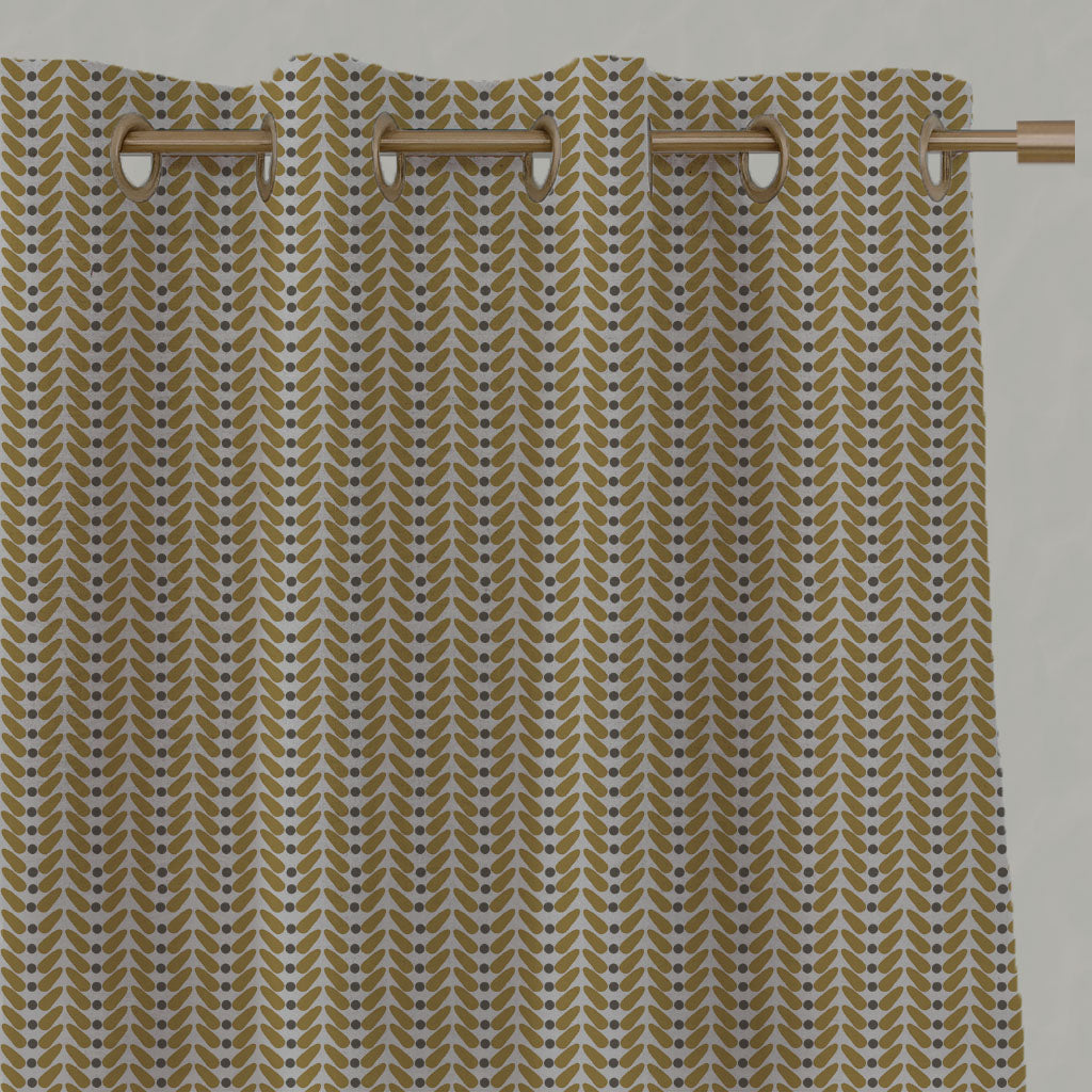 Yellow Patterned Linen Eyelet Curtains - Hulda Gold Rod - Natural base fabric.