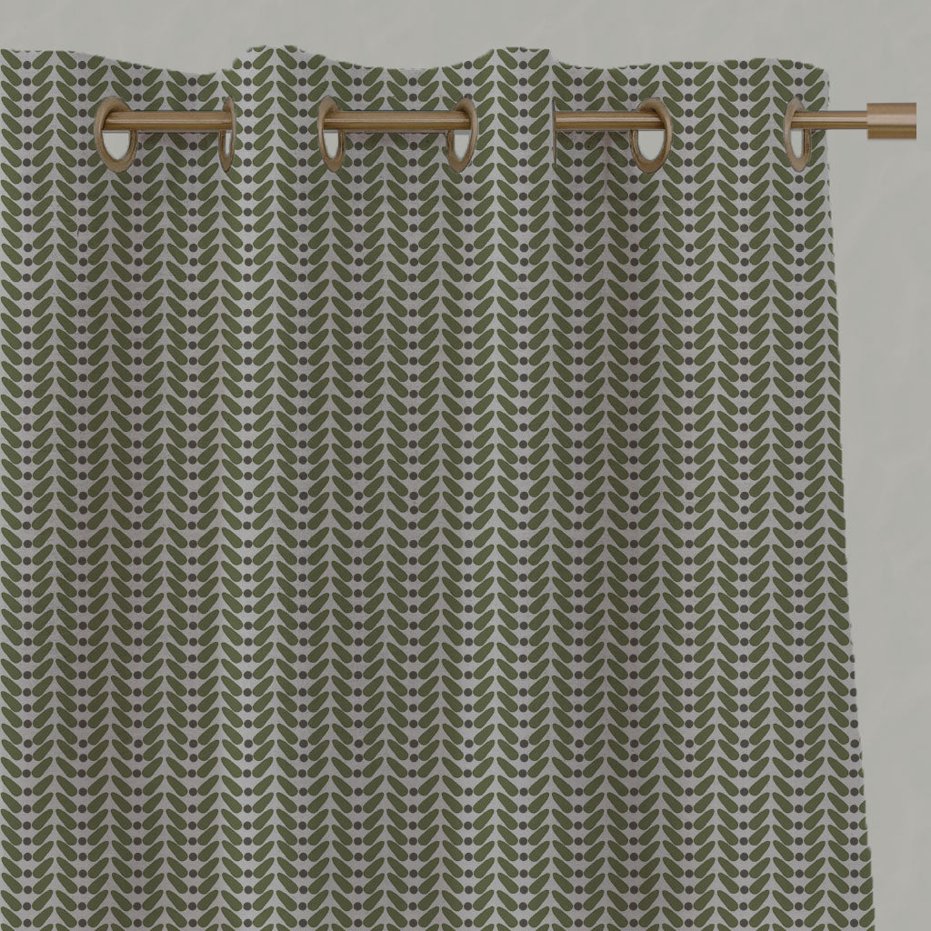 Green Patterned Linen Eyelet Curtains - Hulda Khaki - Natural base fabric.