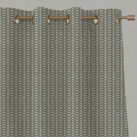Green Patterned Linen Eyelet Curtains - Hulda Olive - Natural base fabric.