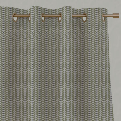 Green Patterned Linen Eyelet Curtains - Hulda Olive - Natural base fabric.