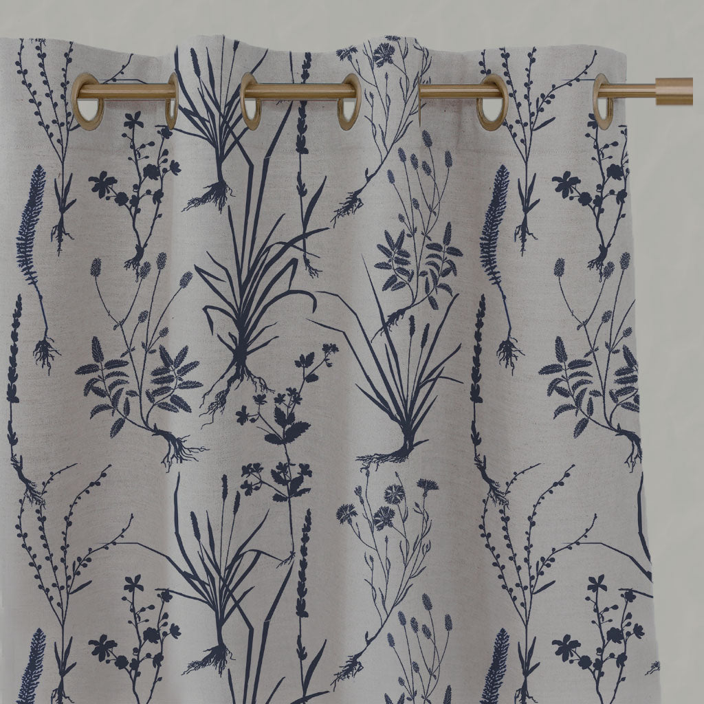 Blue Floral Linen Eyelet Curtains - Iida Deep Blue - Natural base fabric.