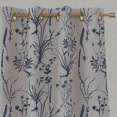 Blue Floral Linen Eyelet Curtains - Iida Deep Blue - Natural base fabric.