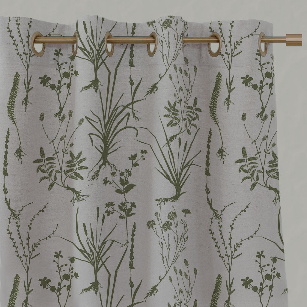 Green Floral Linen Eyelet Curtains - Iida Khaki - Natural base fabric.