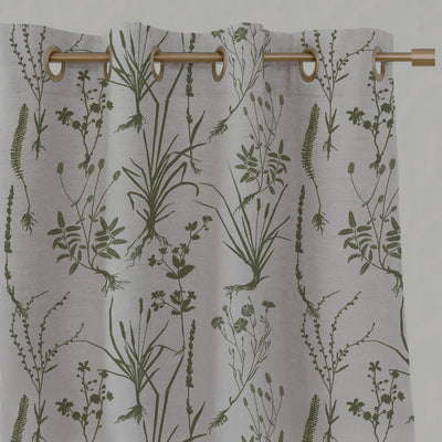 Green Floral Linen Eyelet Curtains - Iida Khaki - Natural base fabric.