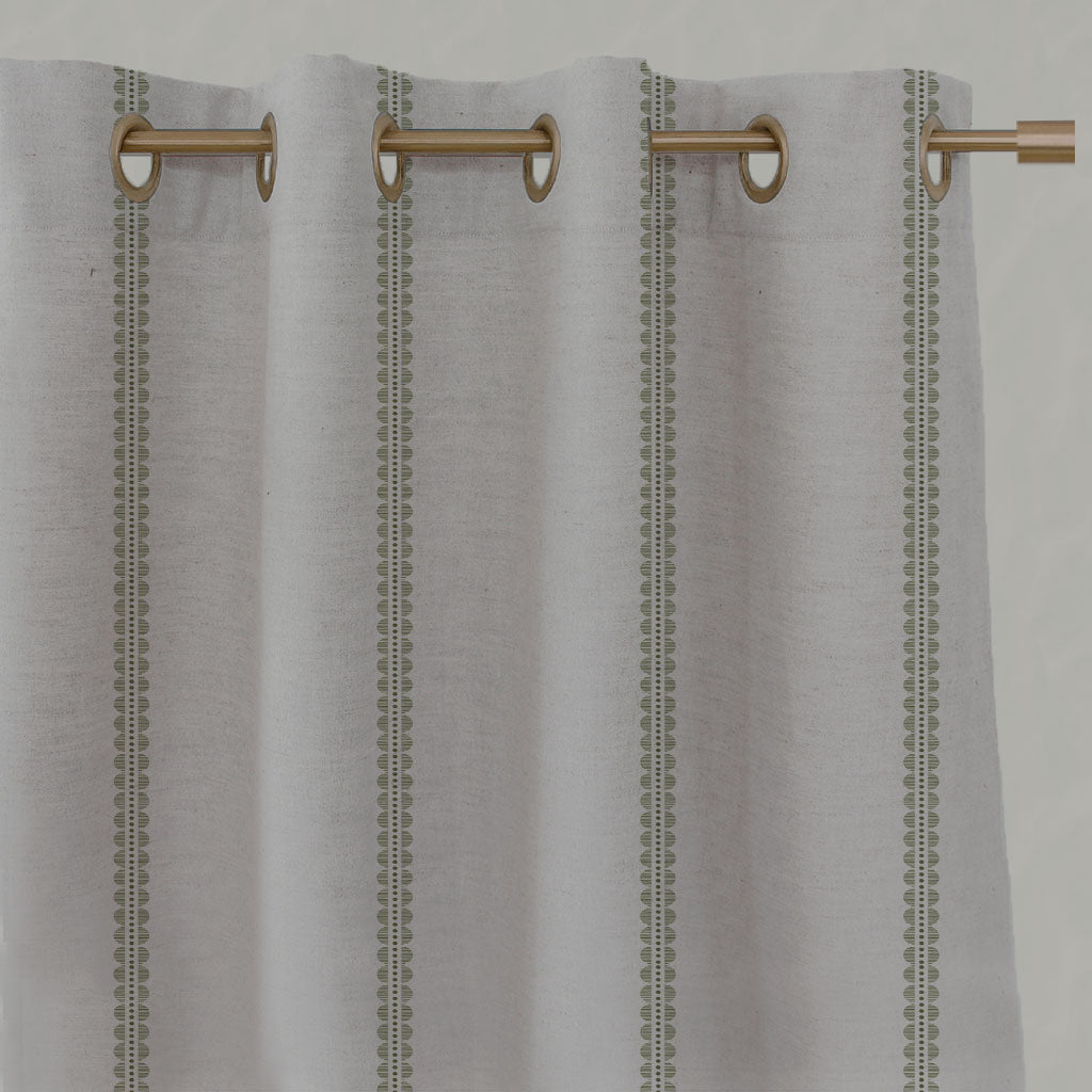 Green Striped Linen Eyelet Curtains - Imogen Khaki-NAT - Natural base fabric.