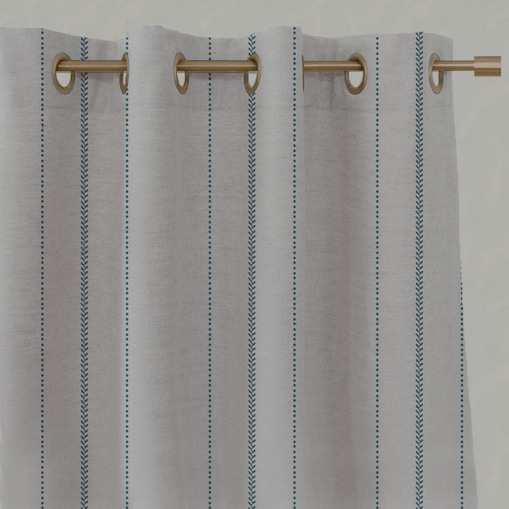Blue Striped Linen Eyelet Curtains - Inari Blue Stone - Natural base fabric.