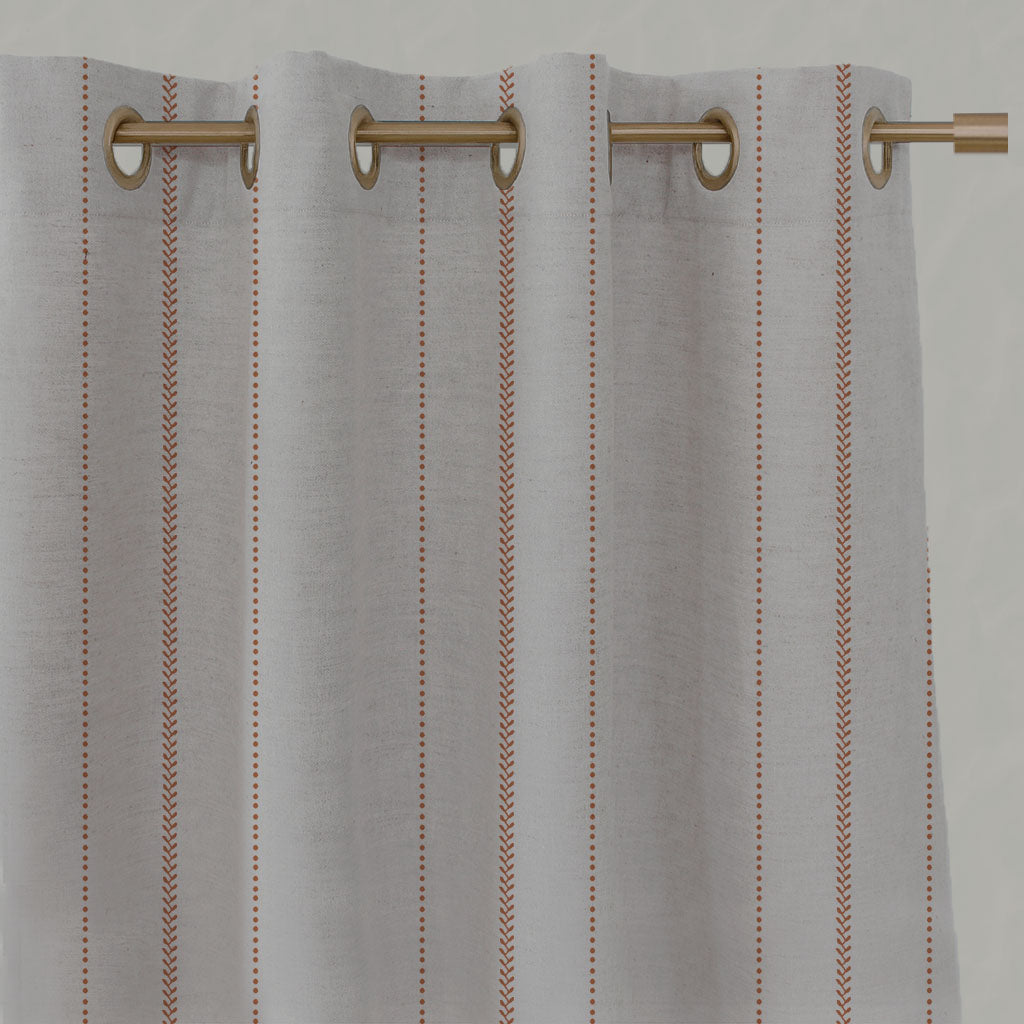 Orange Striped Linen Eyelet Curtains - Inari Burnt Orange - Natural base fabric.