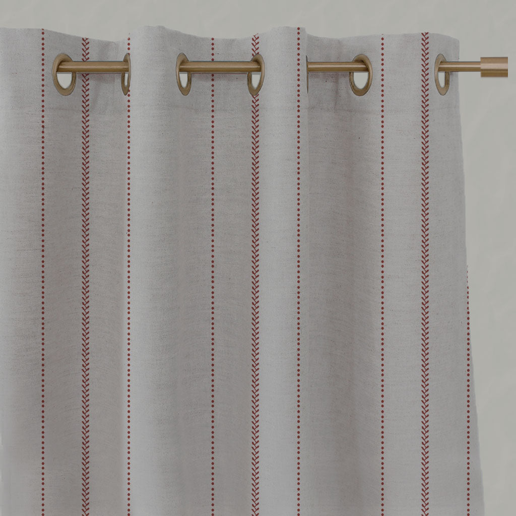 Red Striped Linen Eyelet Curtains - Inari Crimson Red - Natural base fabric.