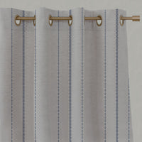 Blue Striped Linen Eyelet Curtains - Inari Night Blue - Natural base fabric.