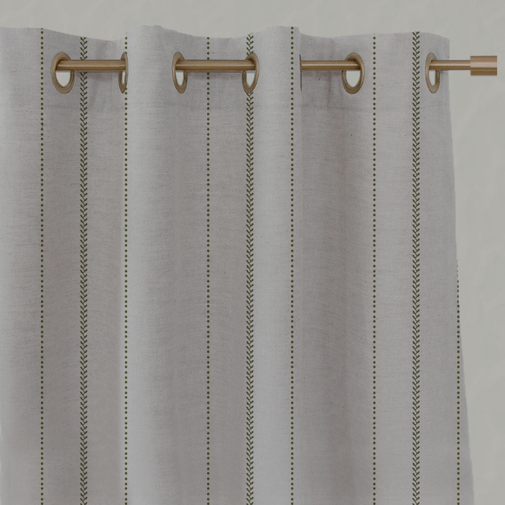 Green Striped Linen Eyelet Curtains - Inari Seaweed - Natural base fabric.