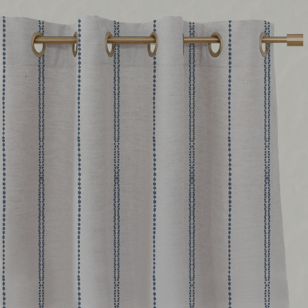 Blue Striped Linen Eyelet Curtains - Inga-NAT Denim - Natural base fabric.
