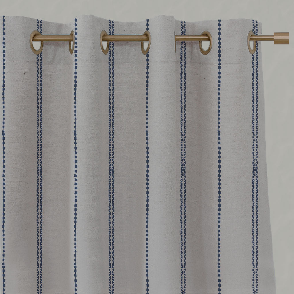Blue Striped Linen Eyelet Curtains - Inga-NAT Night Blue - Natural base fabric.