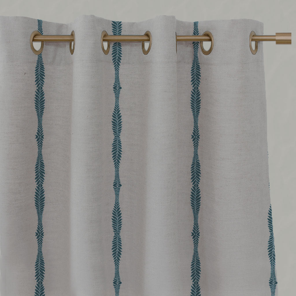 Blue Patterned Linen Eyelet Curtains - Irina Blue Stone - Natural base fabric.