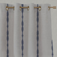 Blue Patterned Linen Eyelet Curtains - Irina Deep Blue - Natural base fabric.
