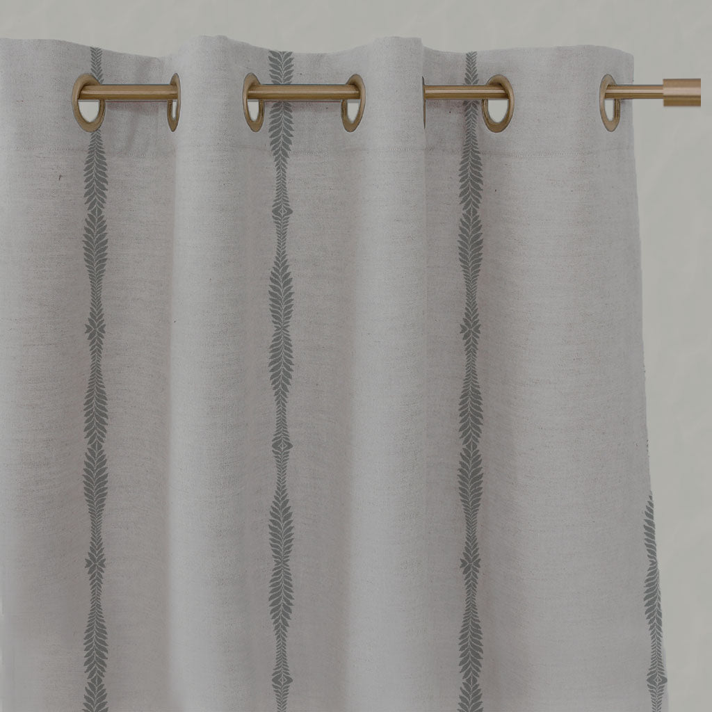 Grey Patterned Linen Eyelet Curtains - Irina Greige - Natural base fabric.