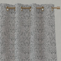 Grey Floral Linen Eyelet Curtains - Jasmi Greige - Natural base fabric.
