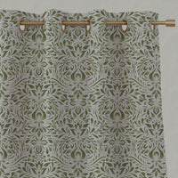 Green Floral Linen Eyelet Curtains - Jasmi Khaki - Natural base fabric.