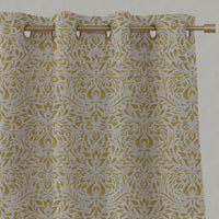 Yellow Floral Linen Eyelet Curtains - Jasmi Mustard - Natural base fabric.
