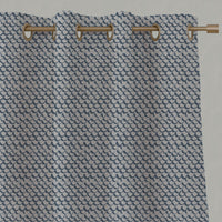 Blue Patterned Linen Eyelet Curtains - Jenna Denim - Natural base fabric.