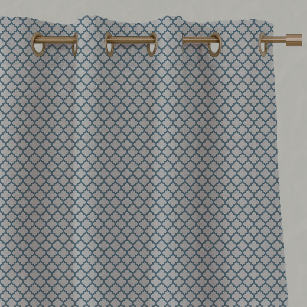 Blue Patterned Linen Eyelet Curtains - Jonna True Blue - Natural base fabric.