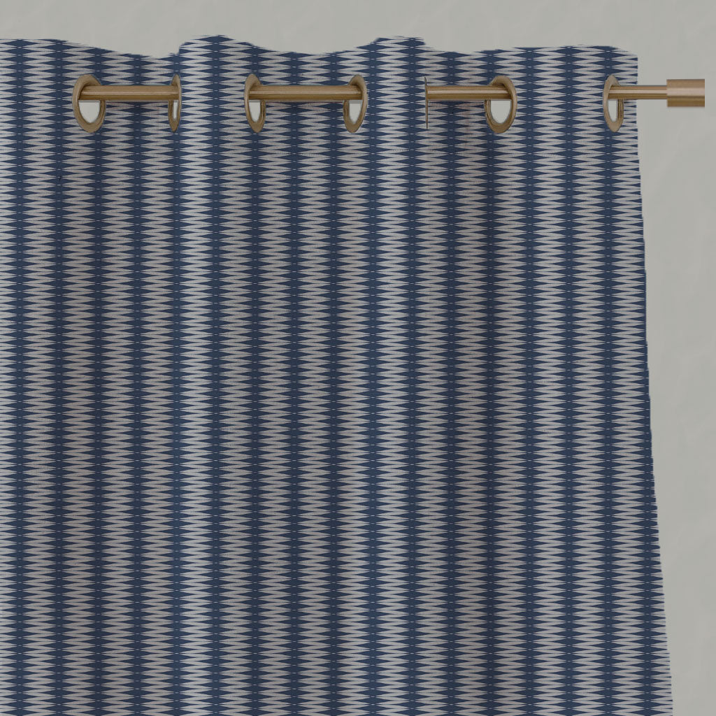 Blue Patterned Linen Eyelet Curtains - Ksenia Night Blue - Natural base fabric.