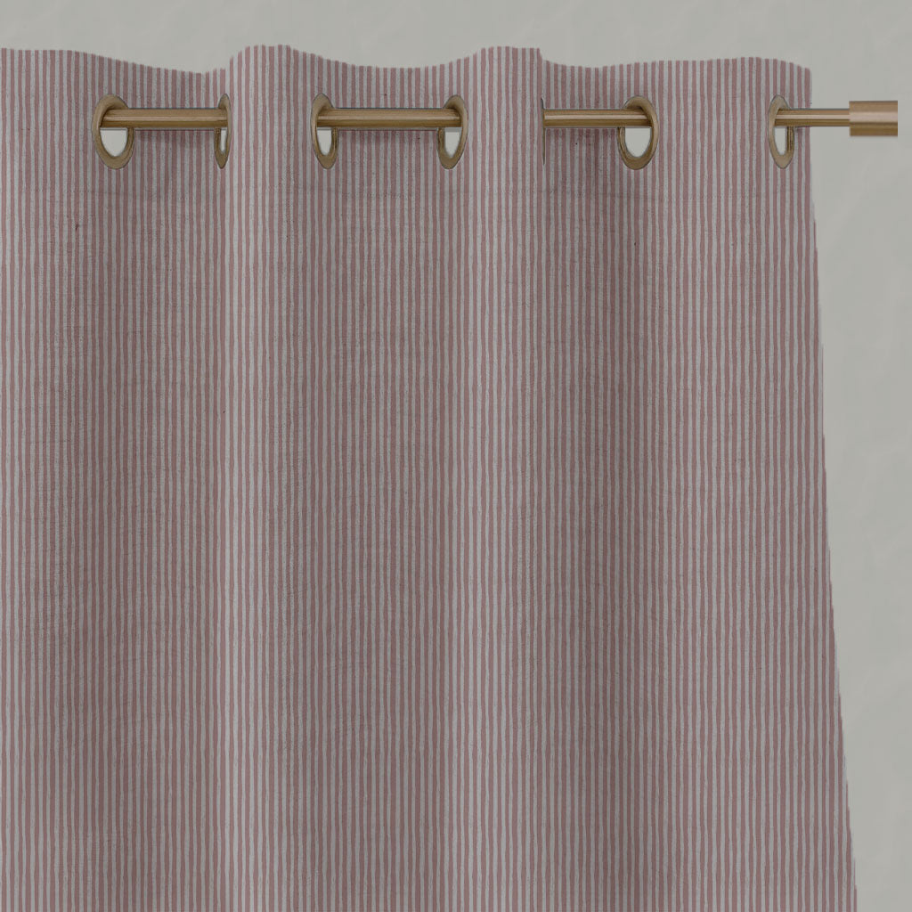 Pink Striped Linen Eyelet Curtains - Laila Dusty Pink - Natural base fabric.