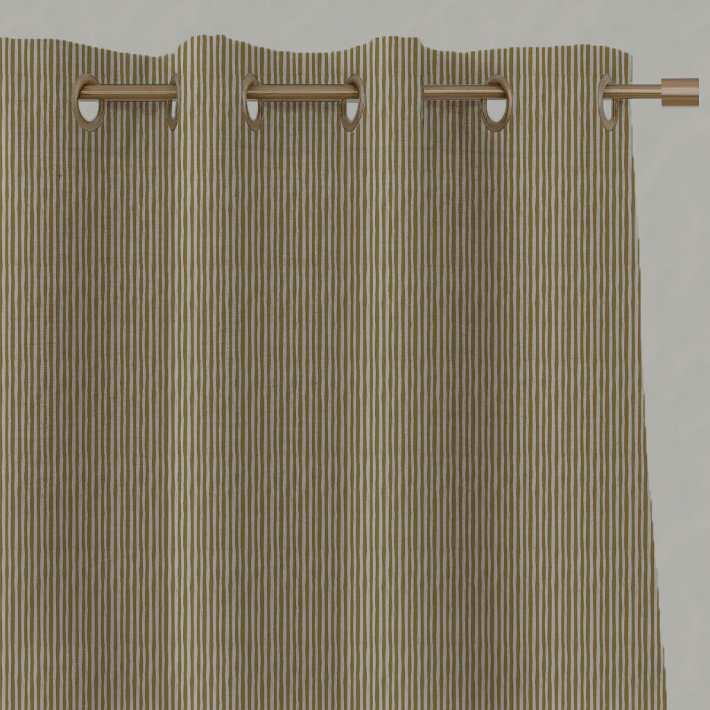 Yellow Striped Linen Eyelet Curtains - Laila Gold Rod - Natural base fabric.