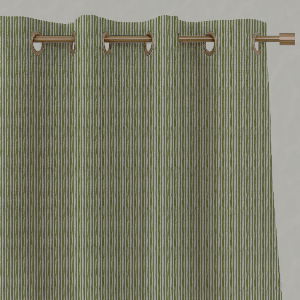 Green Striped Linen Eyelet Curtains - Laila Leaf - Natural base fabric.