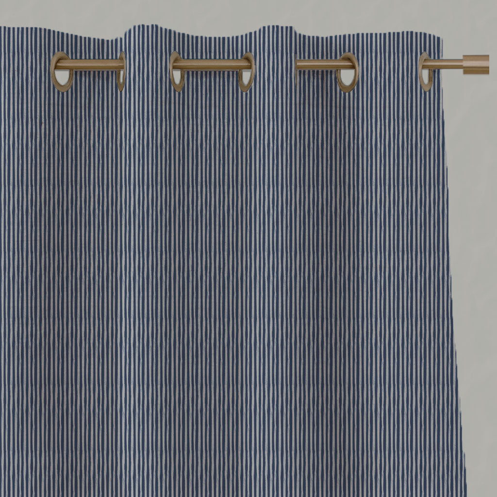 Blue Striped Linen Eyelet Curtains - Laila Night Blue - Natural base fabric.