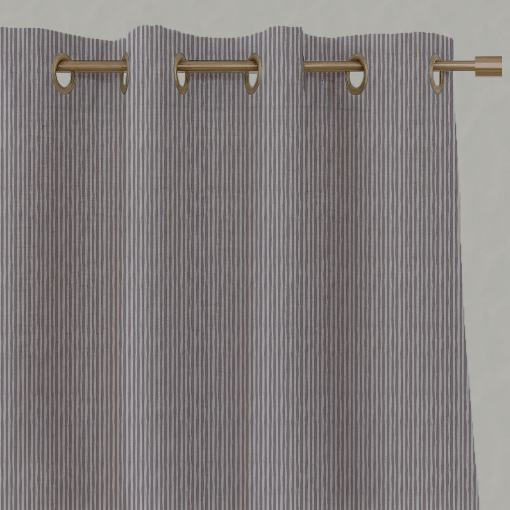 Purple Striped Linen Eyelet Curtains - Laila Powder Plum - Natural base fabric.
