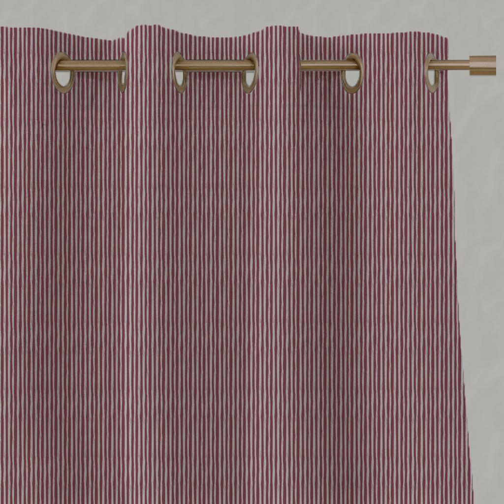Red Striped Linen Eyelet Curtains - Laila Wine - Natural base fabric.