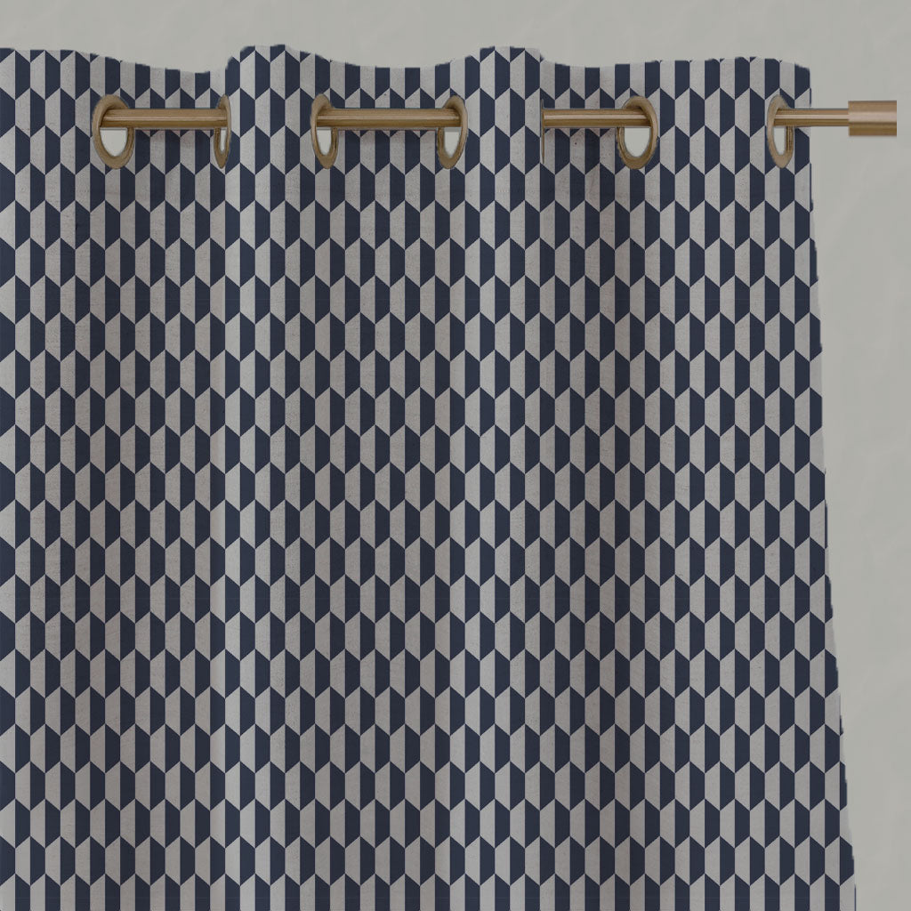 Blue Patterned Linen Eyelet Curtains - Lana Deep Blue - Natural base fabric.