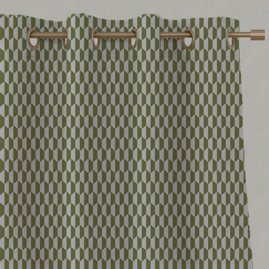 Green Patterned Linen Eyelet Curtains - Lana Leaf - Natural base fabric.