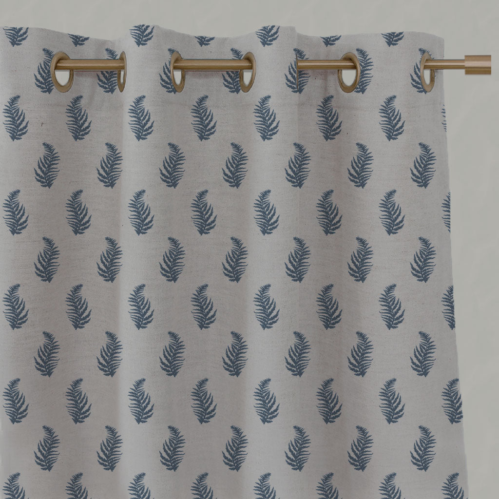 Blue Botanical Linen Eyelet Curtains - Lena Denim - Natural base fabric.