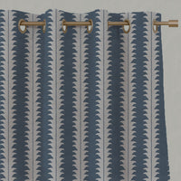 Blue Patterned Linen Eyelet Curtains - Leona Denim - Natural base fabric.